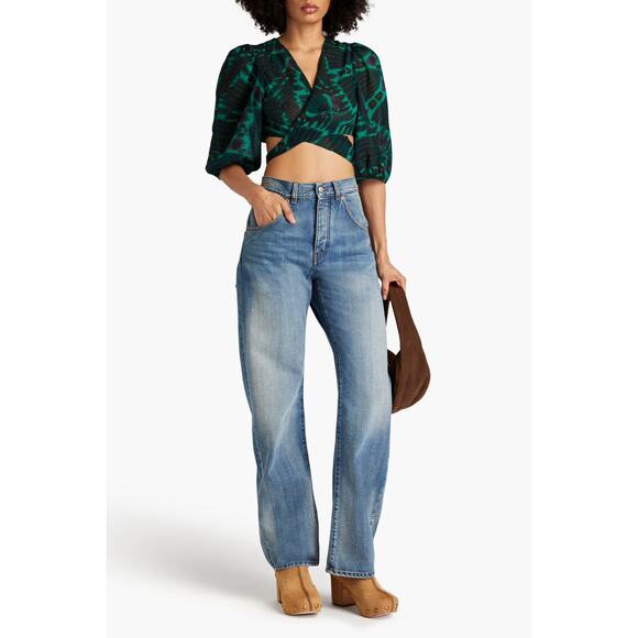 NWOT BA&SH Cally Ikat-print Gauze Crop Top Blouse In Vert Side Tie  Size Small - Picture 7 of 14